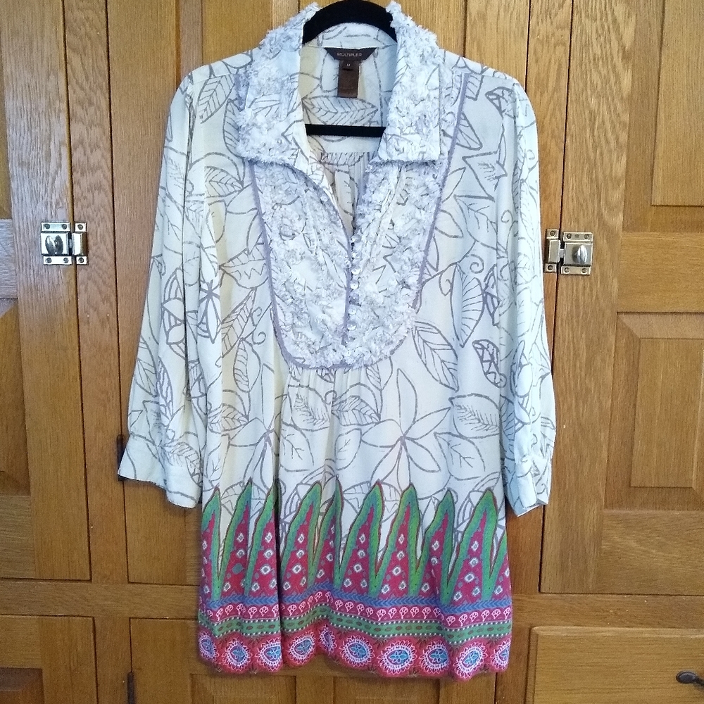 Multiples ivory colorful floral boho popover tunic blouse